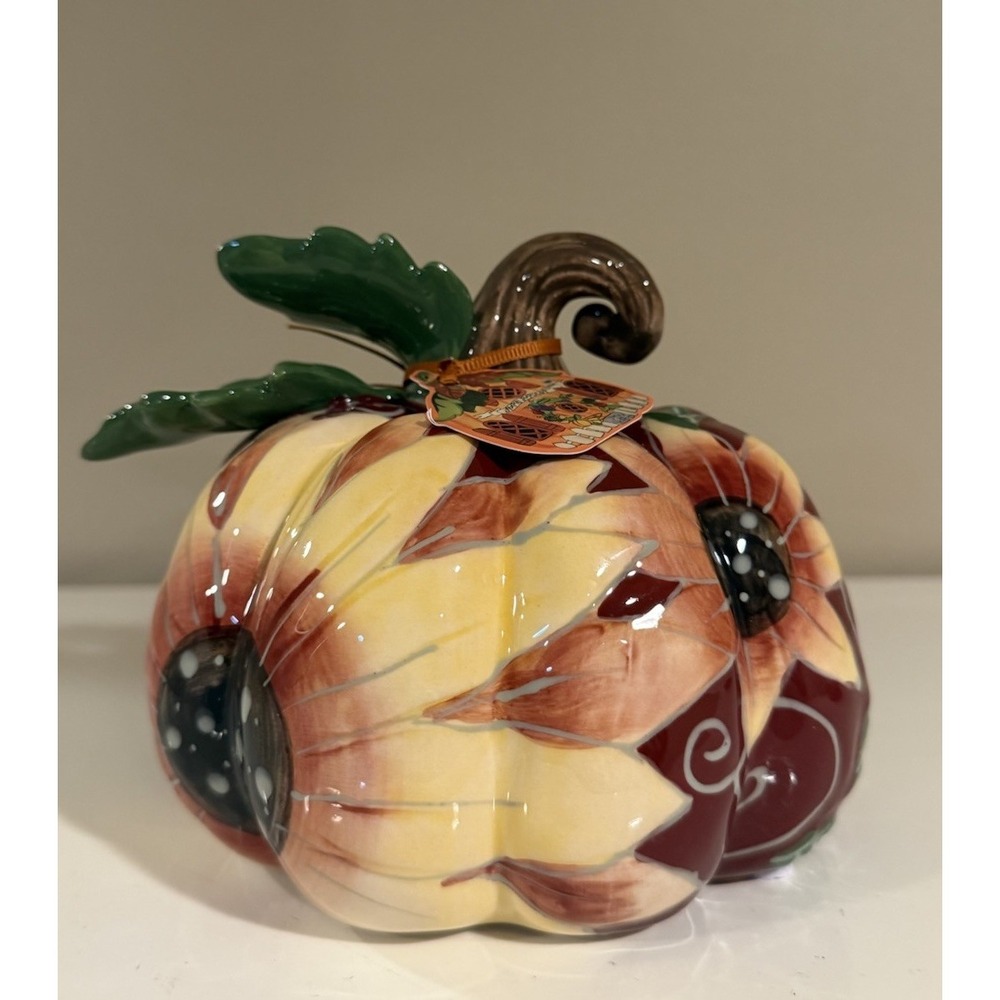 Blue Sky Clayworks HARVEST BLOOMS Ceramic Pumpkin Fall Leaves & Sunflowers NEW